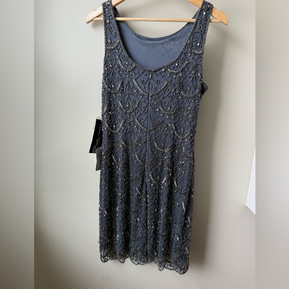 NWT PISARRO NIGHTS Beaded Flapper‎ Dress Cocktail Mesh Overlay Retro Party 10